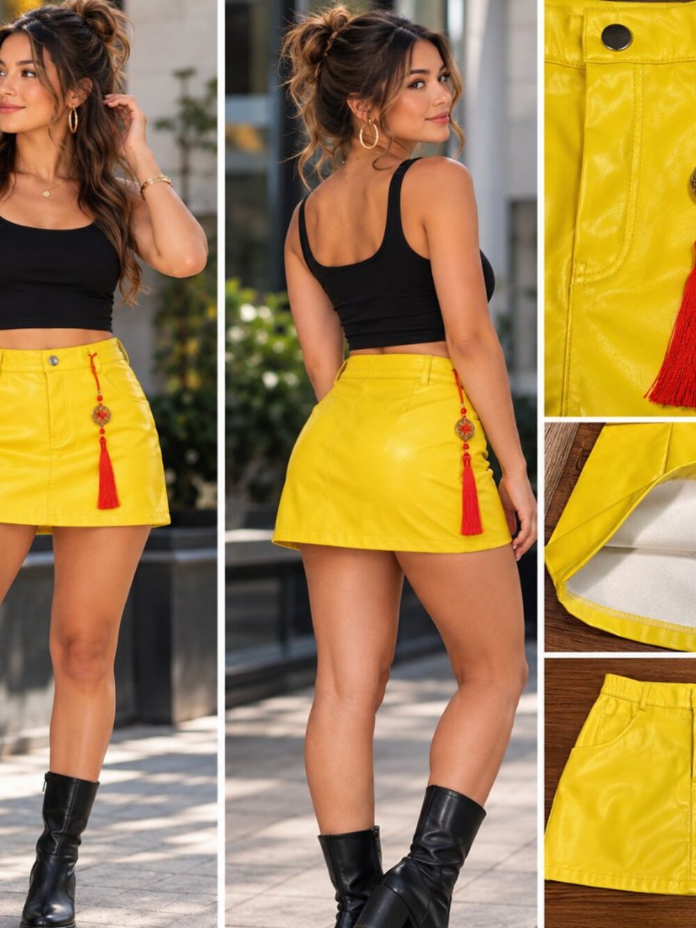 Mira KPop Demon Hunters Small Cosplay Yellow Faux Leather Mini Skirt Tassel